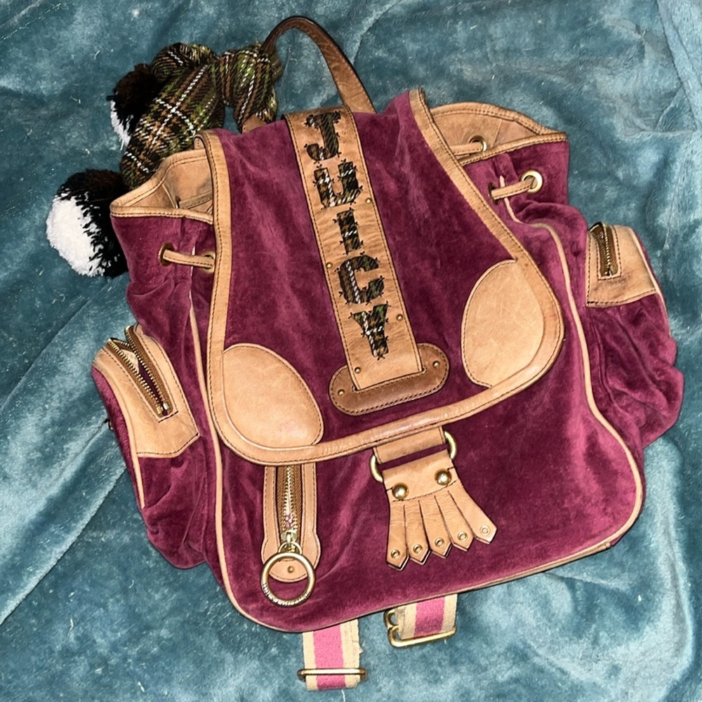 Juicy Couture Vintage Y2k Preppy Pompom Velour & Leather Backpack
